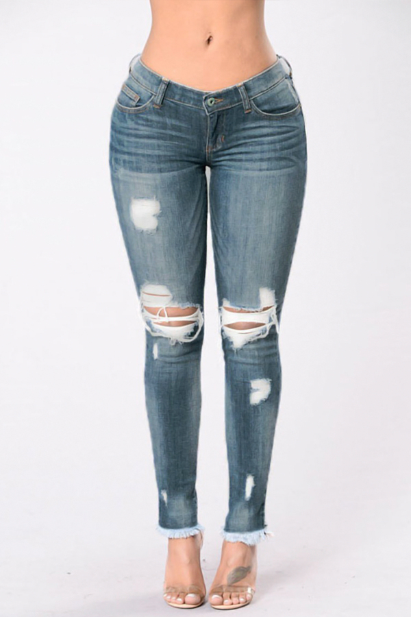  Stylish Mid Waist Broken Holes Blue Denim Pants 