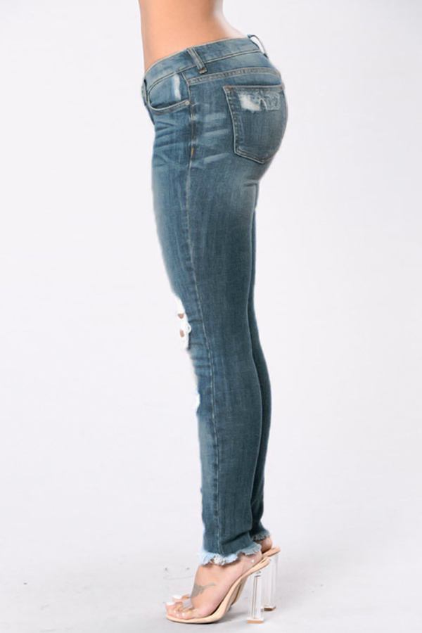  Stylish Mid Waist Broken Holes Blue Denim Pants 