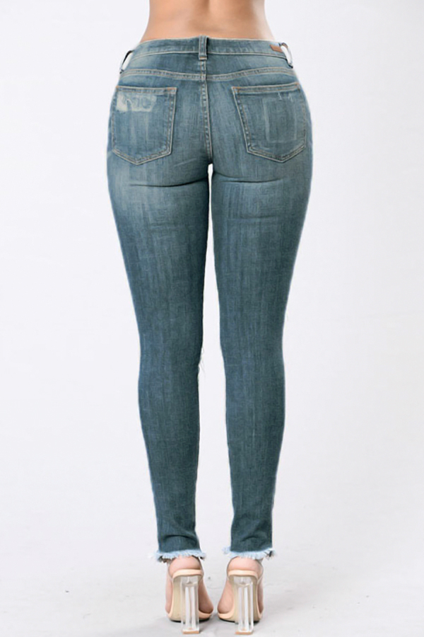  Stylish Mid Waist Broken Holes Blue Denim Pants 