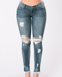  Stylish Mid Waist Broken Holes Blue Denim Pants 