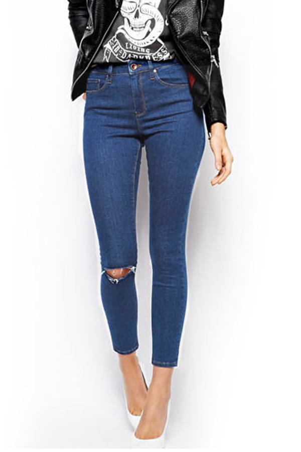  Stylish Mid Waist Broken Holes Dark Blue Denim Pants