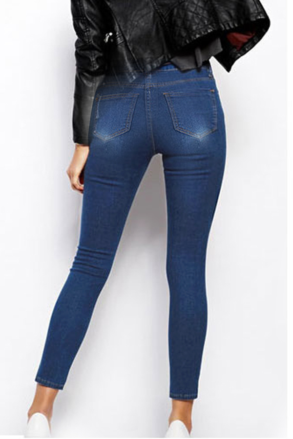  Stylish Mid Waist Broken Holes Dark Blue Denim Pants