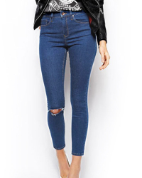  Stylish Mid Waist Broken Holes Dark Blue Denim Pants