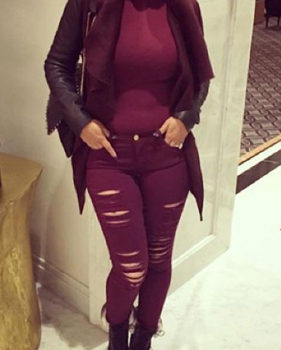  Stylish Mid Waist Broken Holes Wine Red Denim Pants