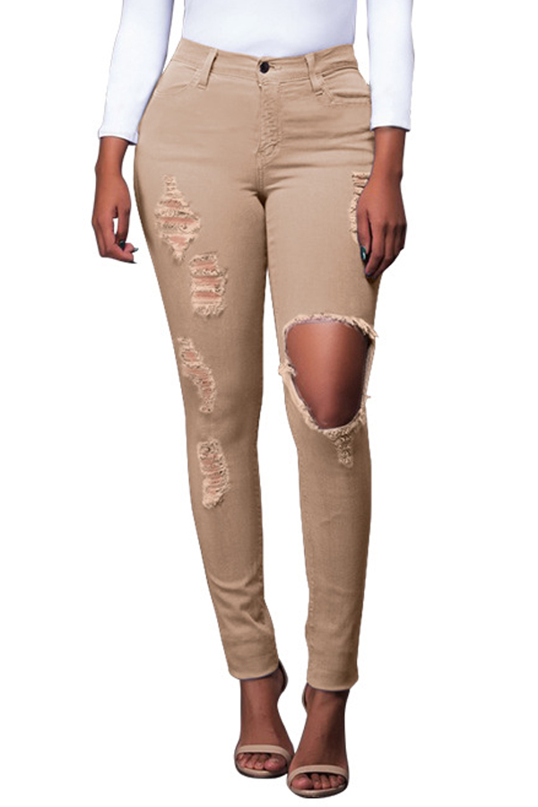  Trendy High Waist Broken Holes Apricot Denim Pants