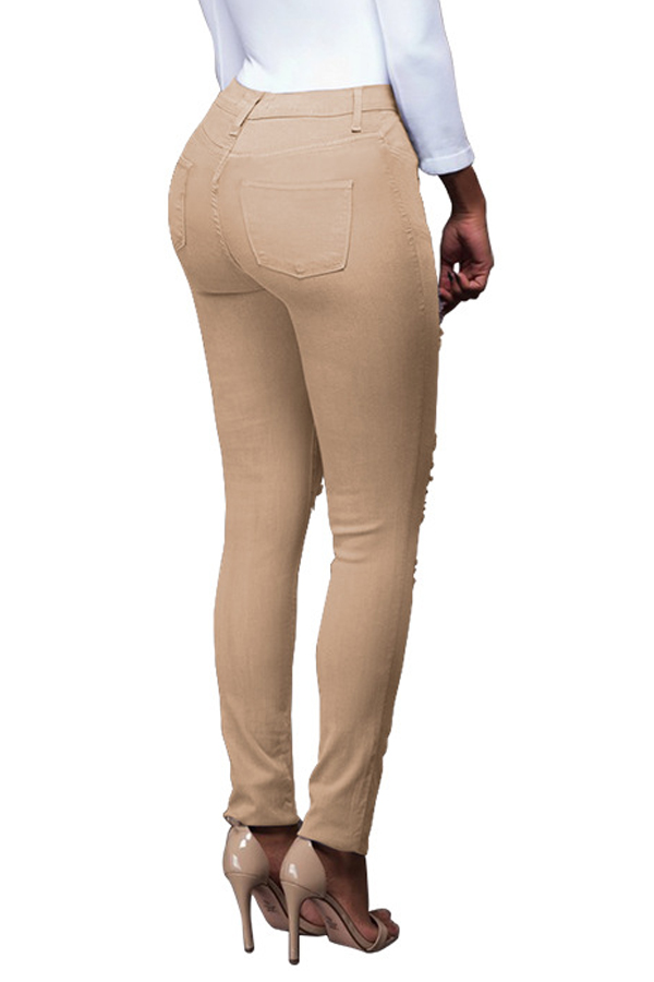  Trendy High Waist Broken Holes Apricot Denim Pants