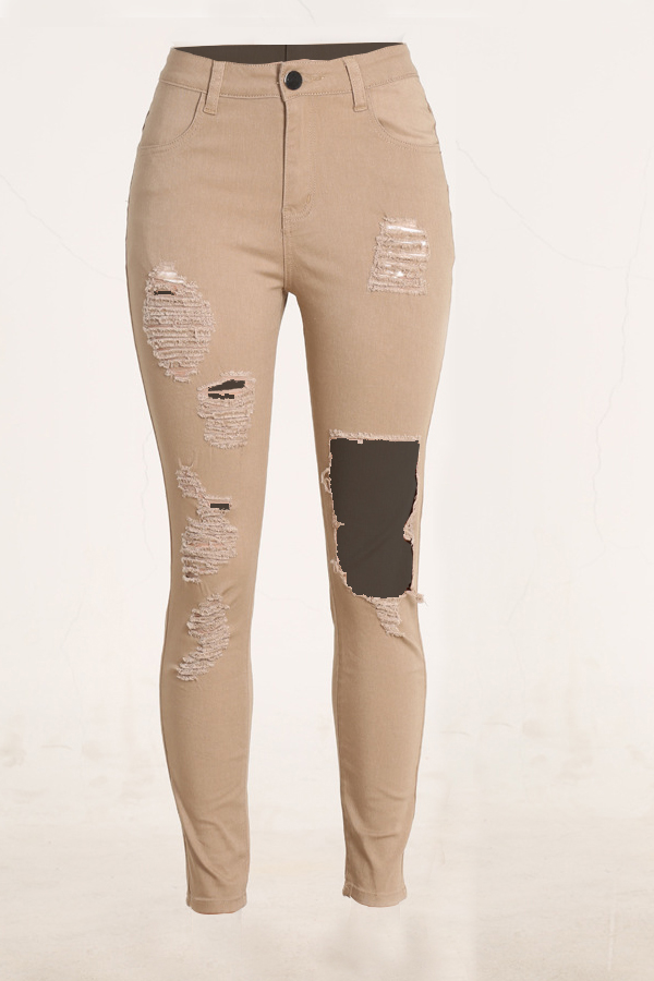  Trendy High Waist Broken Holes Apricot Denim Pants