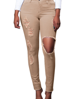  Trendy High Waist Broken Holes Apricot Denim Pants