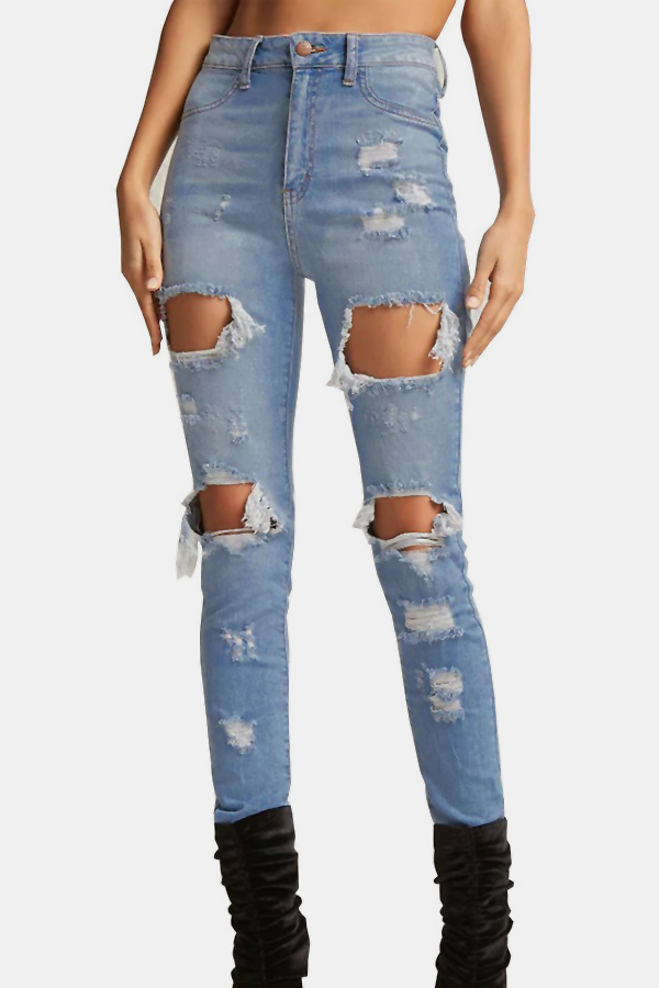  Trendy High Waist Broken Holes Baby Blue Denim Jeans