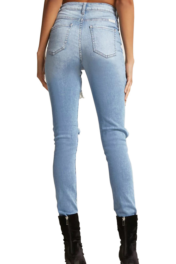  Trendy High Waist Broken Holes Baby Blue Denim Jeans