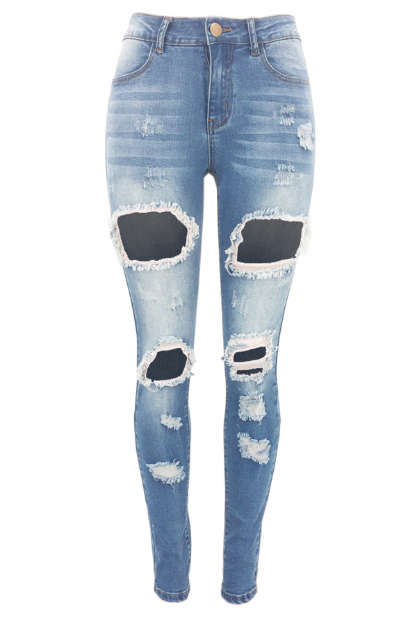  Trendy High Waist Broken Holes Baby Blue Denim Jeans