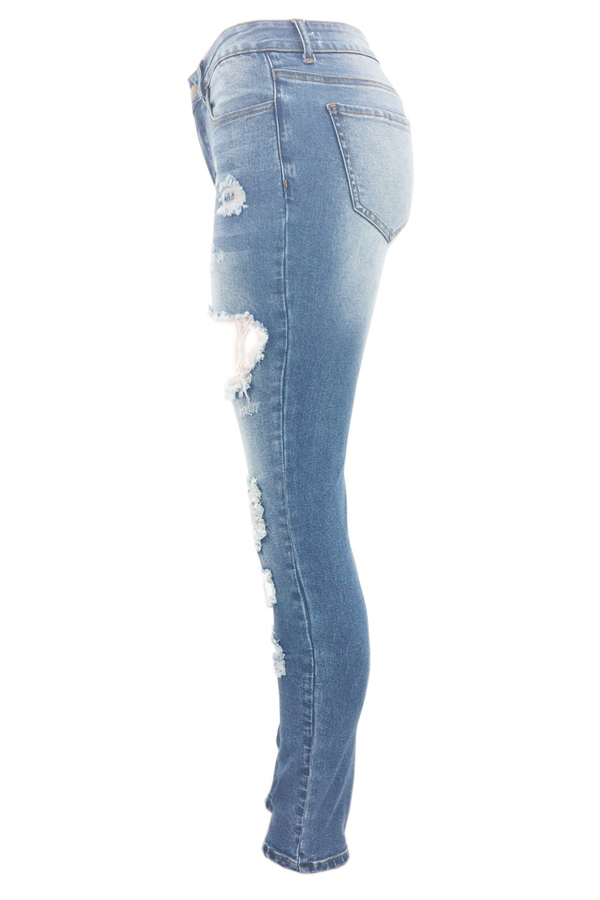  Trendy High Waist Broken Holes Baby Blue Denim Jeans