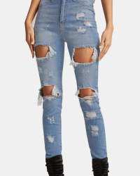  Trendy High Waist Broken Holes Baby Blue Denim Jeans