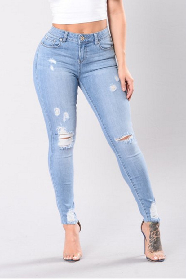  Trendy High Waist Broken Holes Baby Blue Denim Pants