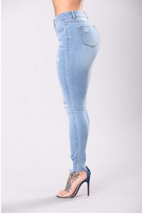  Trendy High Waist Broken Holes Baby Blue Denim Pants