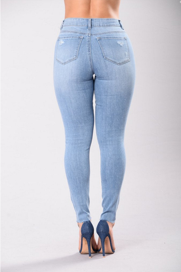  Trendy High Waist Broken Holes Baby Blue Denim Pants