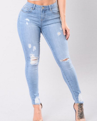  Trendy High Waist Broken Holes Baby Blue Denim Pants