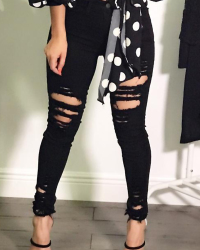  Trendy High Waist Broken Holes Black Denim Jeans