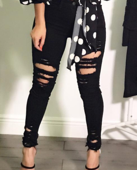  Trendy High Waist Broken Holes Black Denim Jeans