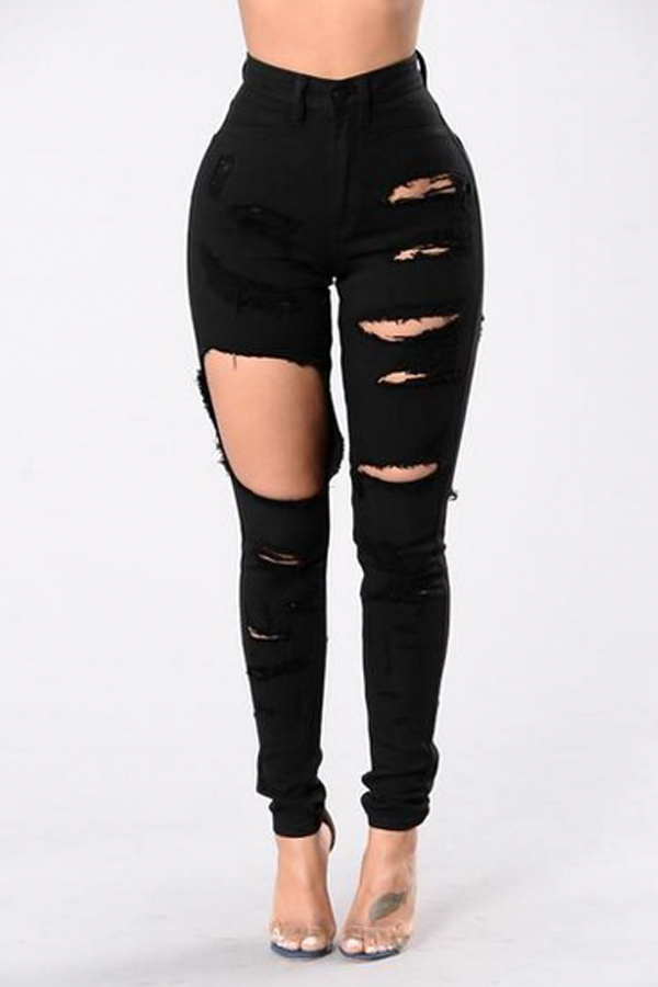  Trendy High Waist Broken Holes Black Denim Pants