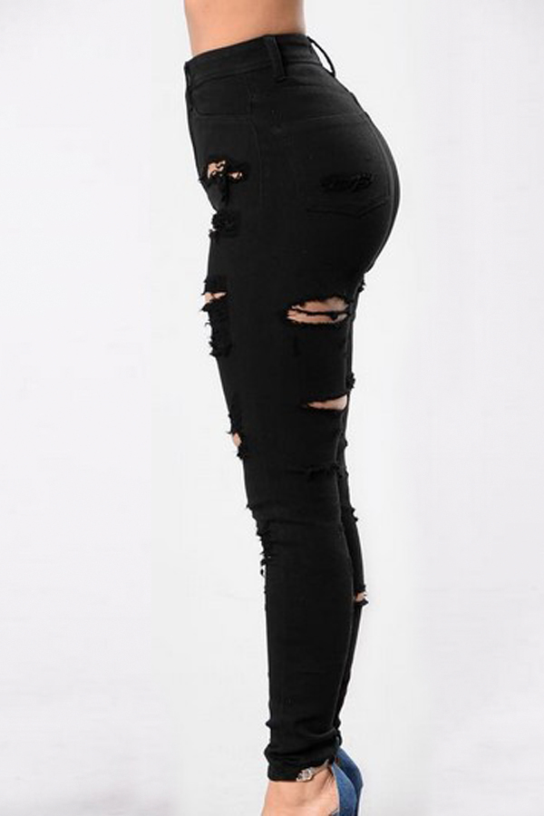  Trendy High Waist Broken Holes Black Denim Pants