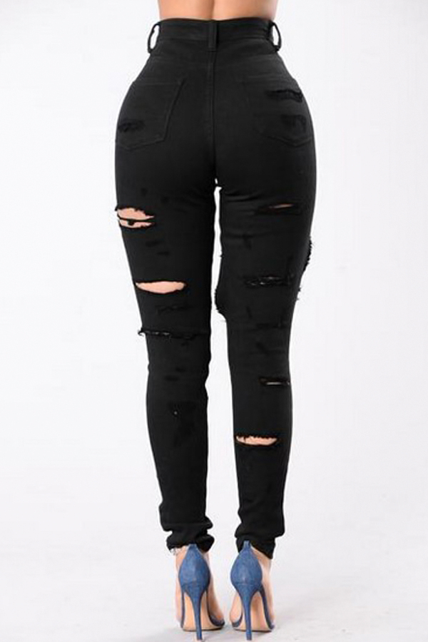  Trendy High Waist Broken Holes Black Denim Pants