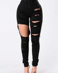  Trendy High Waist Broken Holes Black Denim Pants