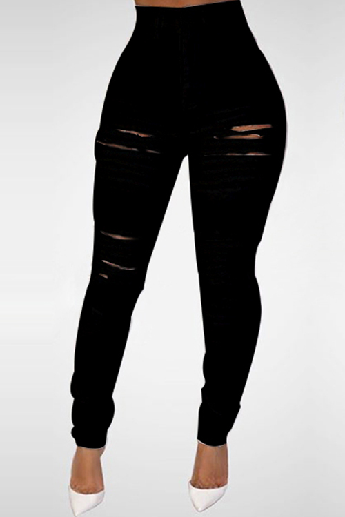  Trendy High Waist Broken Holes Black Denim Skinny Jeans