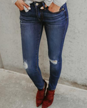  Trendy High Waist Broken Holes Blue Denim Jeans