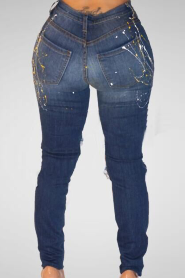  Trendy High Waist Broken Holes Blue Denim Pants