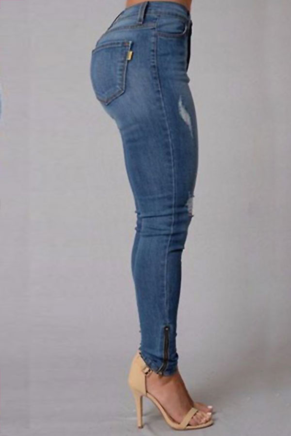  Trendy High Waist Broken Holes Deep Blue Denim Pants