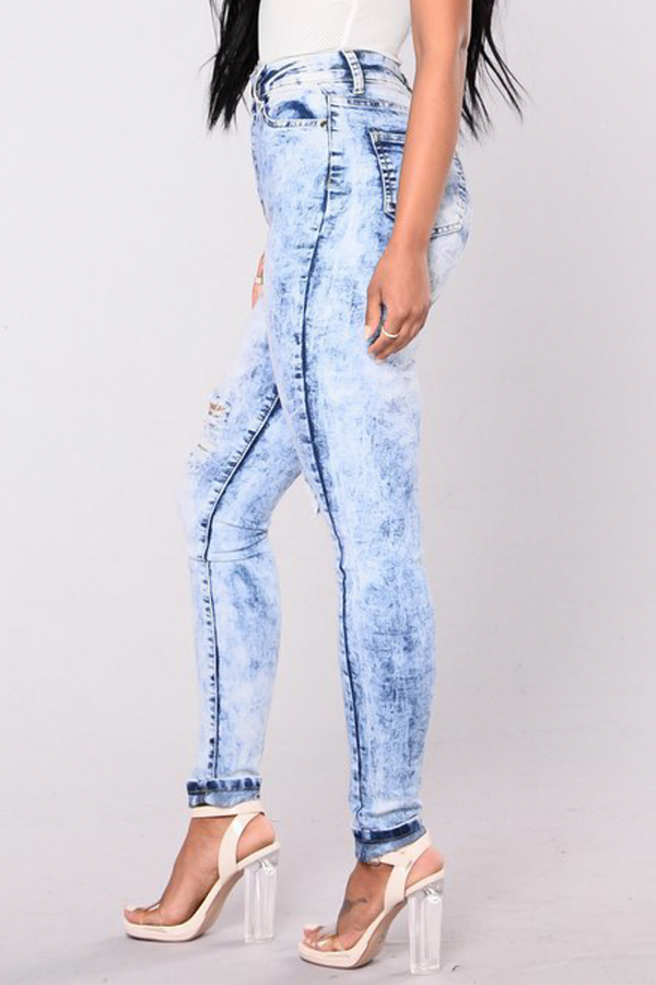  Trendy High Waist Broken Holes Light Blue Denim Pants