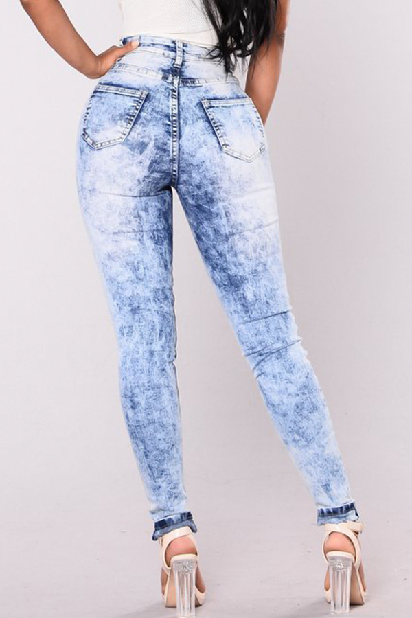  Trendy High Waist Broken Holes Light Blue Denim Pants