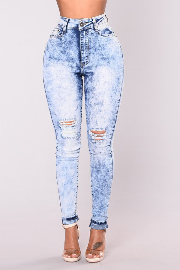  Trendy High Waist Broken Holes Light Blue Denim Pants