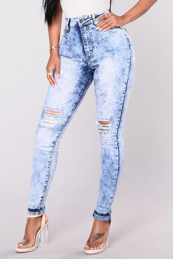  Trendy High Waist Broken Holes Light Blue Denim Pants