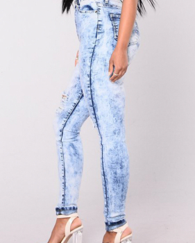  Trendy High Waist Broken Holes Light Blue Denim Pants