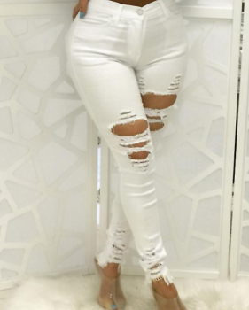  Trendy High Waist Broken Holes White Denim Jeans