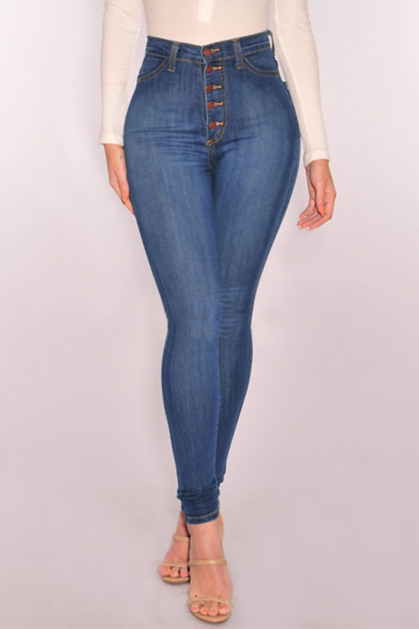  Trendy High Waist Button Design Baby Blue Denim Jeans