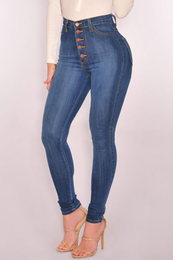  Trendy High Waist Button Design Baby Blue Denim Jeans