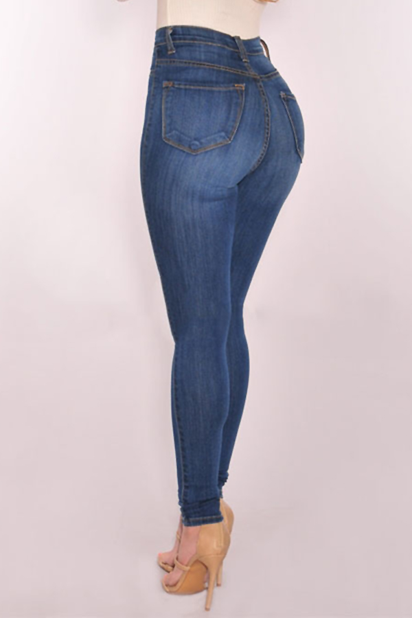  Trendy High Waist Button Design Baby Blue Denim Jeans