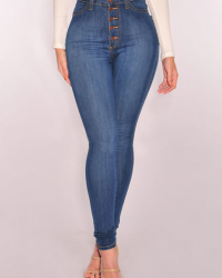  Trendy High Waist Button Design Baby Blue Denim Jeans