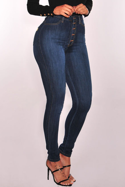  Trendy High Waist Button Design Dark Blue Denim Jeans