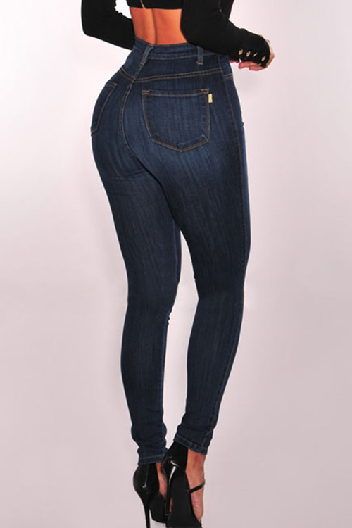  Trendy High Waist Button Design Dark Blue Denim Jeans