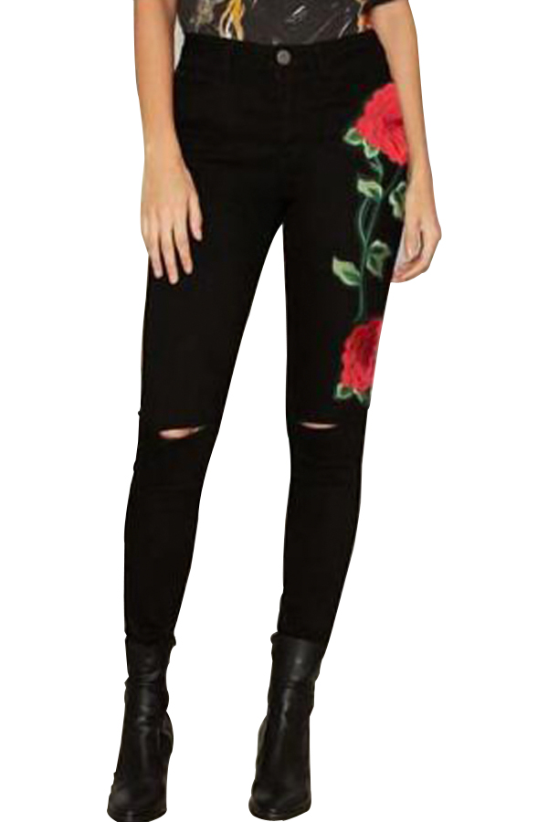  Trendy High Waist Embroidered Design Black Denim Pants 