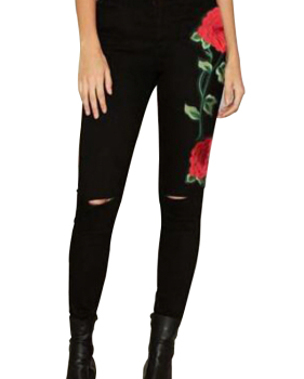  Trendy High Waist Embroidered Design Black Denim Pants 