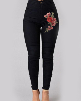  Trendy High Waist Embroidered Design Black Denim Pants