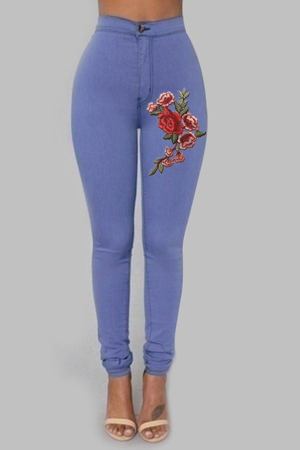  Trendy High Waist Embroidered Design Blue Denim Pants