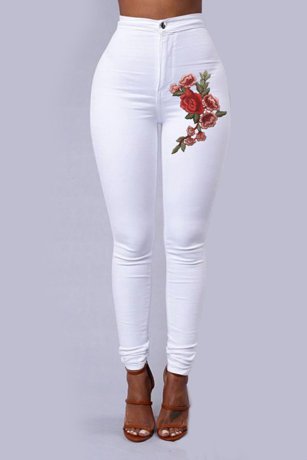  Trendy High Waist Embroidered Design White Denim Pants