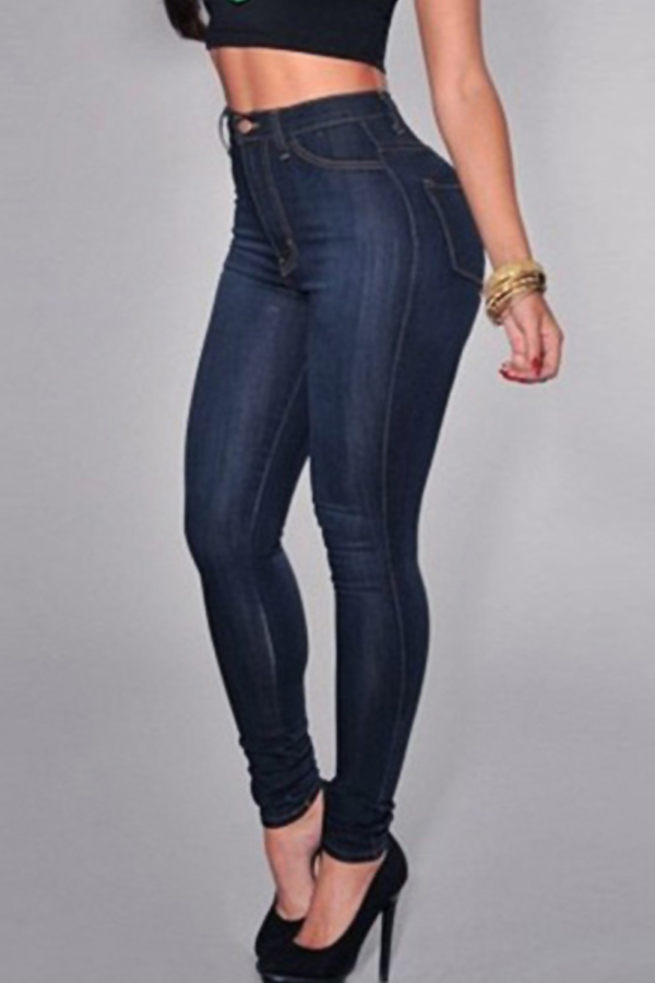  Trendy High Waist Zipper Design Deep Blue Denim Jeans