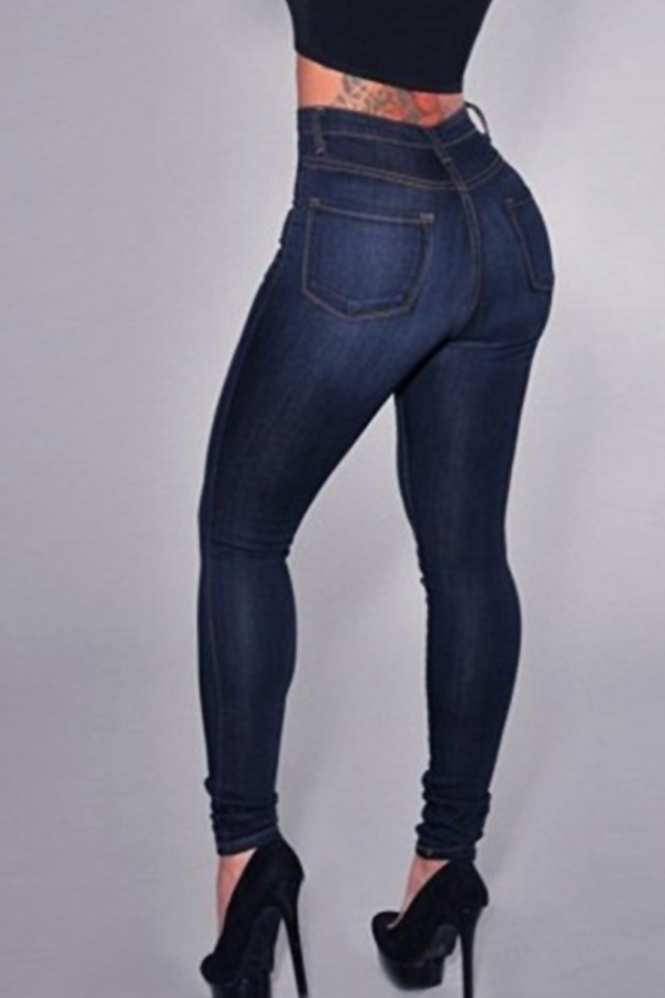  Trendy High Waist Zipper Design Deep Blue Denim Jeans